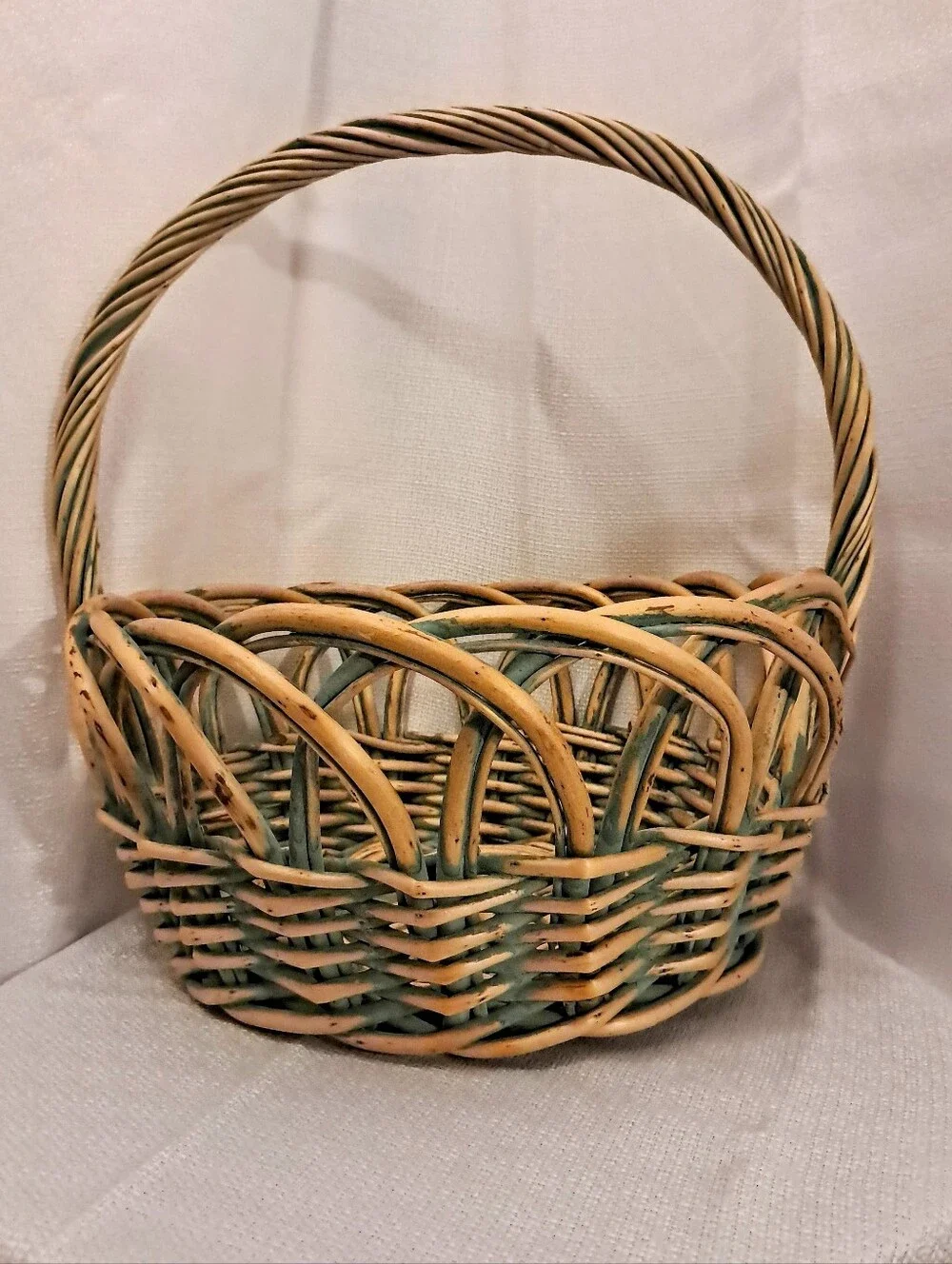 Vintage Large Handwoven Wicker Basket Green & Natural Twisted Handle Cottagecore